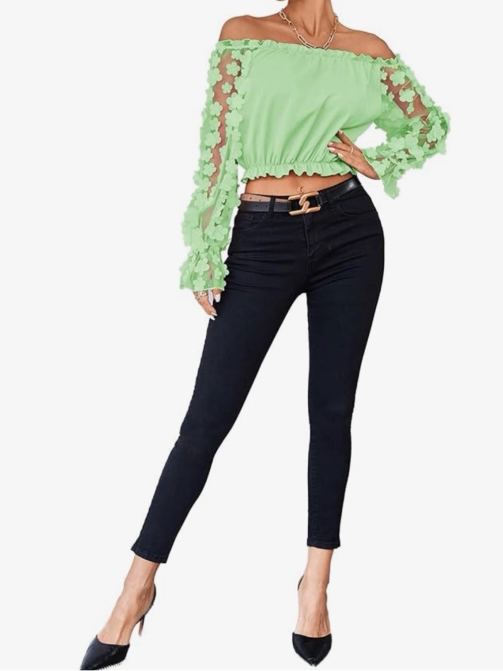 LYANER Off Shoulder Floral Mesh Long Sleeve Ruffle Trim Crop Sz S Blouse Top